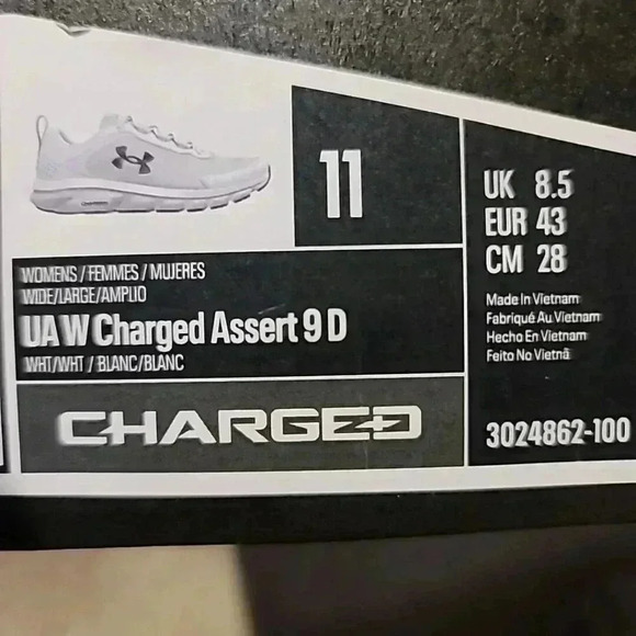 Under Armour Charged Assert 9 D Wide Shoes White Women Size 11 New In Box NIB UA - Picture 2 of 6